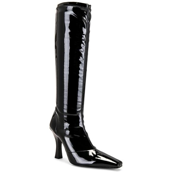 Helsa Snipped Toe Heeled Boots Faux Patent Leather Designer Winter Edgy Sz 6.5 - Picture 1 of 16